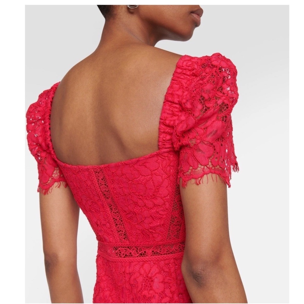 Self-Portrait Red Floral Cord Lace Bustier Midi Dress Cap Sleeve Sweetheart Sz 8 - Picture 5 of 16